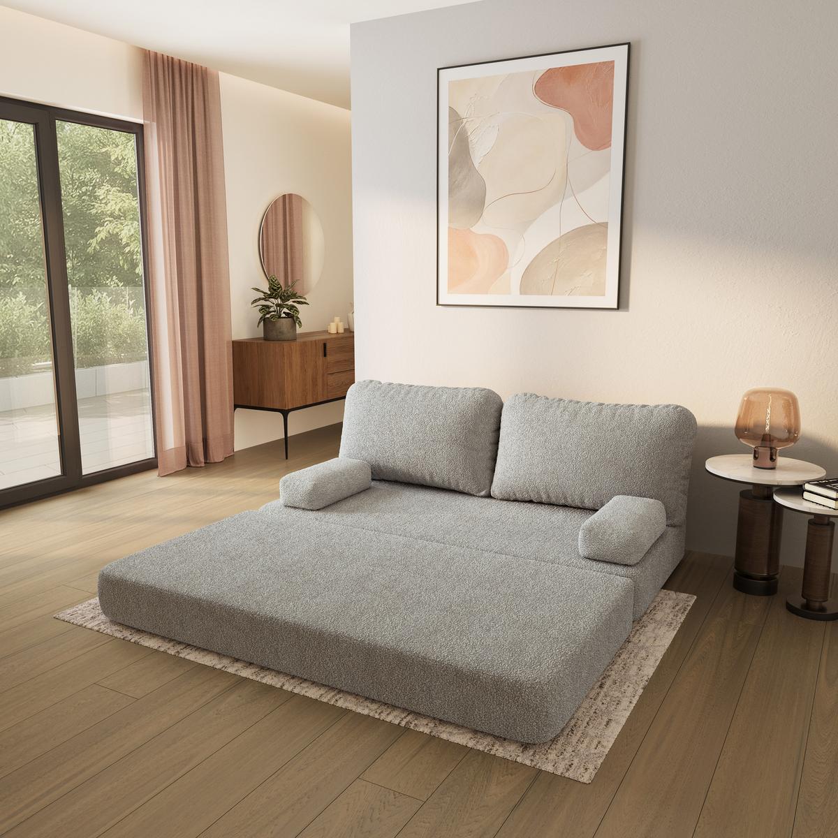 BETTSOFA NIKSI aus Schaumstoff Bucle-Stoff Hellgrau Schlaffunktion - Hellgrau, Textil (170/86/80cm) - MASSENO