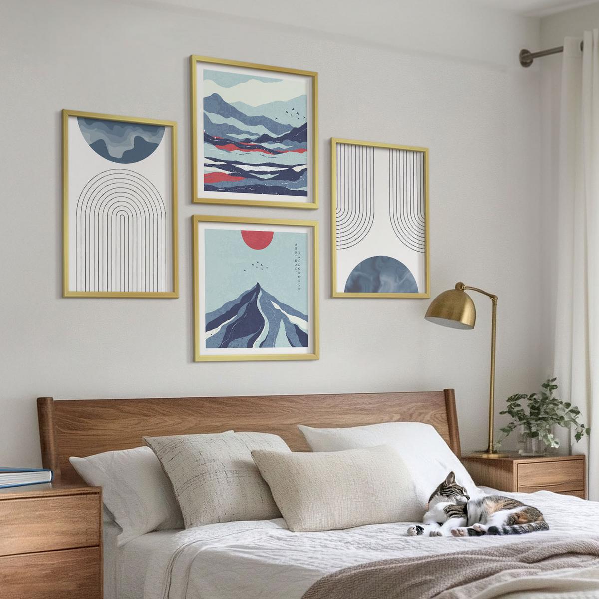 BILDER SET 4er Set - 50x50 cm & 40x60 cm Goldrahmen - Abstrakte Berglandschaften - Goldfarben, Kunststoff (50/50cm) - TULUP