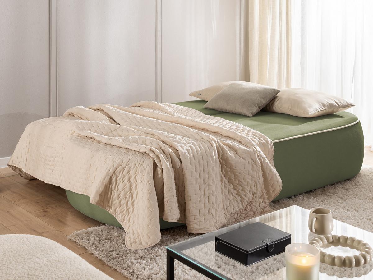 KINDERSOFA Vero im modernen und abgerundeten Design mit Schlaffunktion und Bettkasten aus Olivgrün Plüschstoff mit beiger Paspel - Schwarz/Olivgrün, Holz/Kunststoff (210/90/98cm) - S-Style Möbel