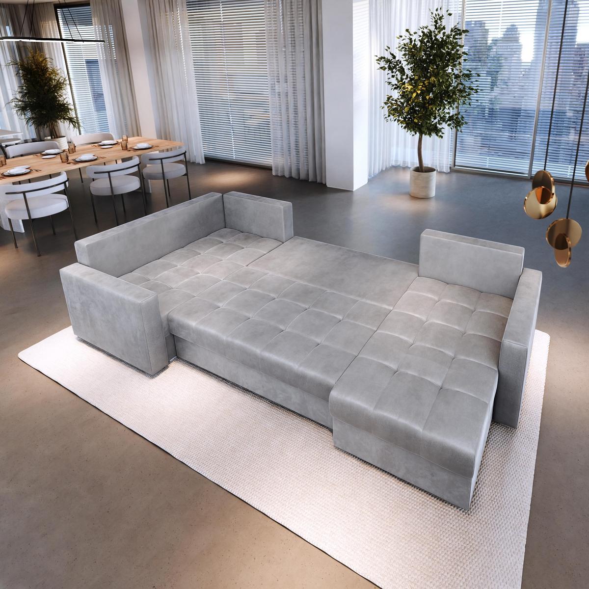 WOHNLANDSCHAFT LORIVO L-S Beige Plüsch-Stoff mit Schlaffunktion - Beige/Grau, Holz/Kunststoff (285/85/150cm) - MASSENO