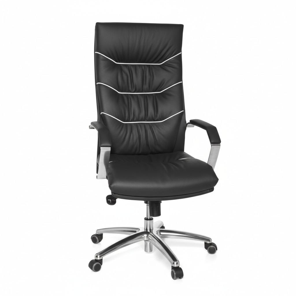 CHEFSESSEL Echtleder mit Soft-Air Polsterung und Aluminiumfußkreuz 5-Punkt-Mechanik KANZAS - Silberfarben/Schwarz, Leder (60/126/55cm) - KADIMA DESIGN