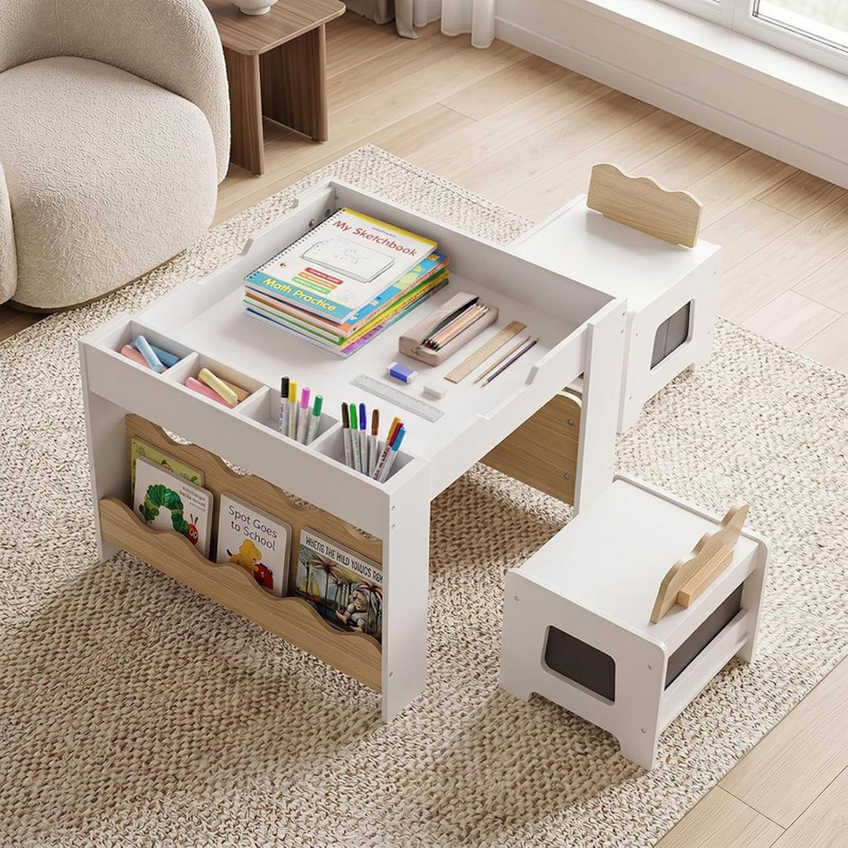 KINDERTISCH mit Stuhl natur(3-tlg) - Naturfarben, Holzwerkstoff (66/48/64cm) - COSTWAY