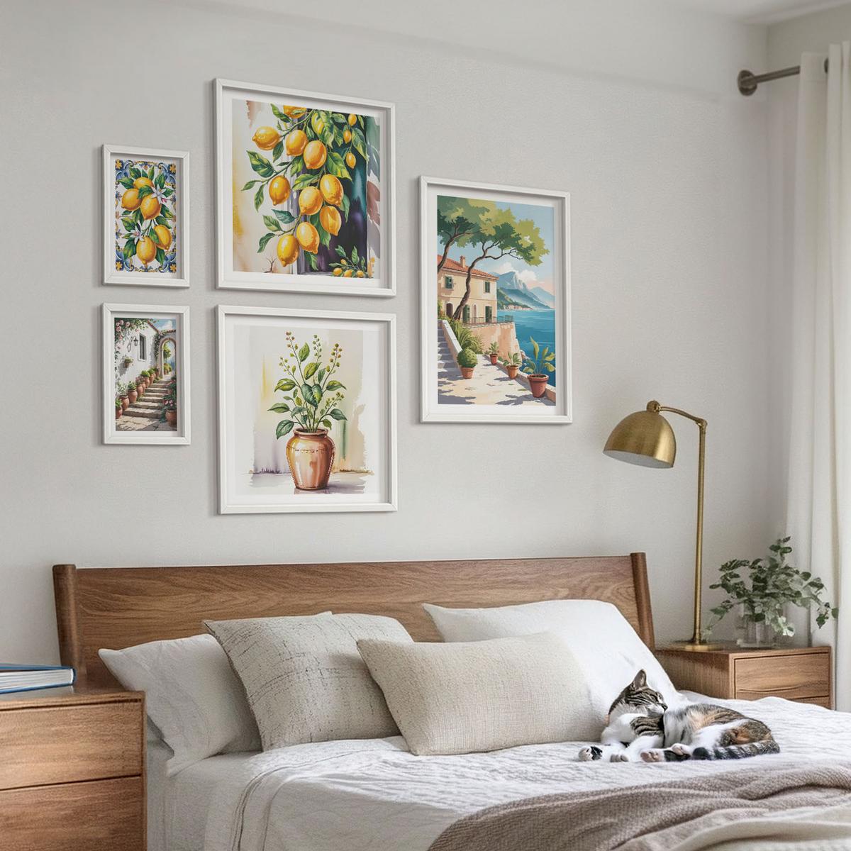 BILDER SET 5er Set - 50x50 cm & 20x30 cm & 40x60 cm Weißer Rahmen - Zitrusbaum im Fenster am Meer - Weiß, Kunststoff (40/60cm) - TULUP