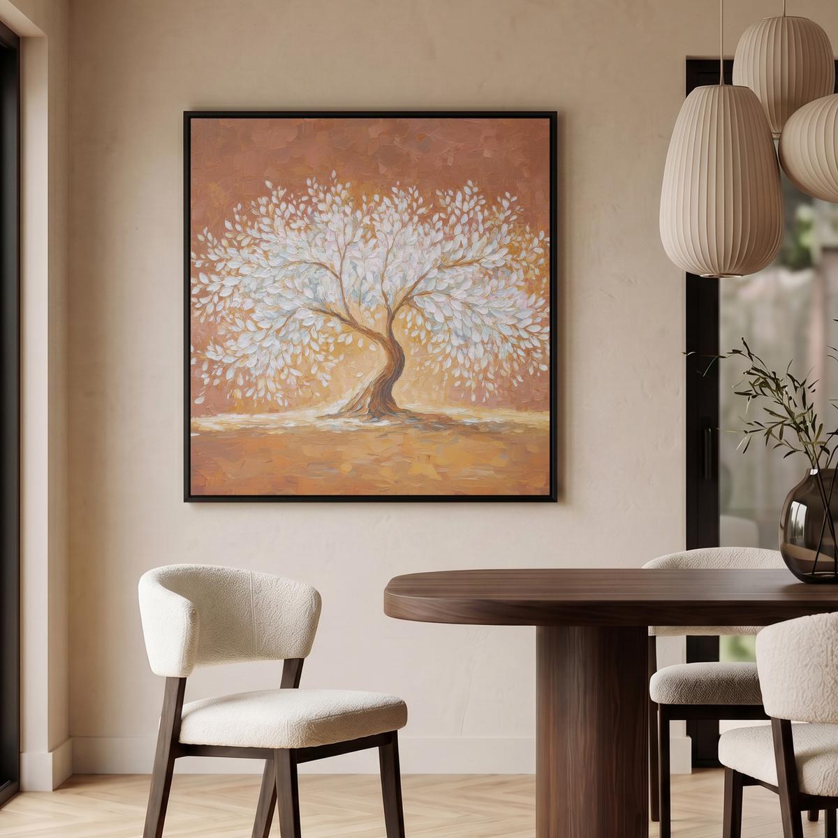 LEINWAND Bilder mit Rahmen - Abstrakt - Baum - Weiß - Blätter - 90x90 - Braun, Textil (90/90cm) - MuchoWow