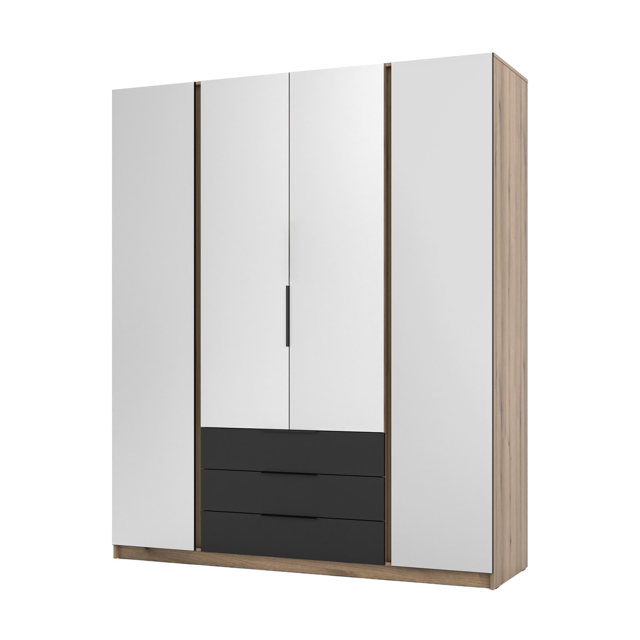 KLEIDERSCHRANK Nehir Eiche Evoke/Schwarz 200 cm - 4T3S Modern mit Schubladen und 4 Spiegeln - Eichefarben/Schwarz, Holzwerkstoff/Kunststoff (200/239/61.9cm) - AX Living