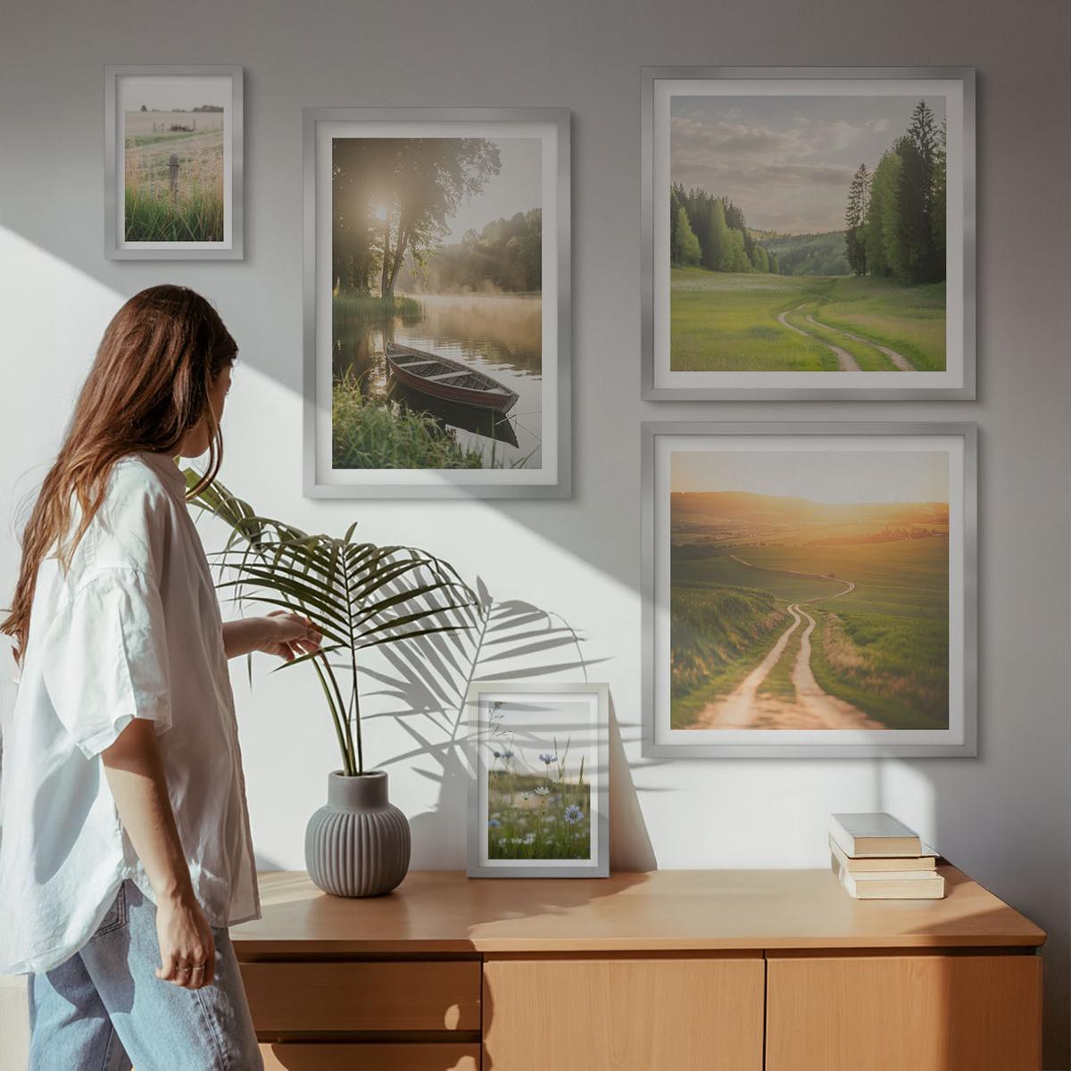 BILDER SET 5er Set - 50x50 cm & 20x30 cm & 40x60 cm Silberner Rahmen - Landschaftswiesenstraße West - Silberfarben, Kunststoff (40/60cm) - TULUP