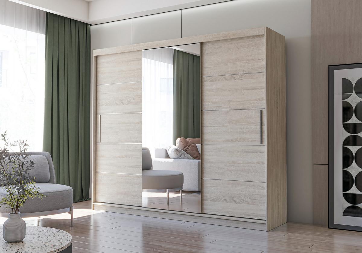 SCHWEBETÜRENSCHRANK Alba Sonoma Eiche/Sonoma Eiche + Spiegel, ohne LED Beleuchtung 250 cm - Alufarben/Sonoma Eiche, Glas/Holzwerkstoff (250/218/61cm) - imoebel24