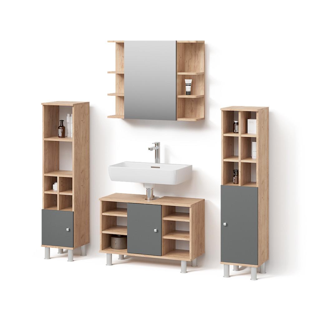 BADMÖBEL-SET Fucino Goldkraft Eiche 4 Teile, mit Midischränke - Honigeiche, Holzwerkstoff (80/54/32cm) - Livinity®