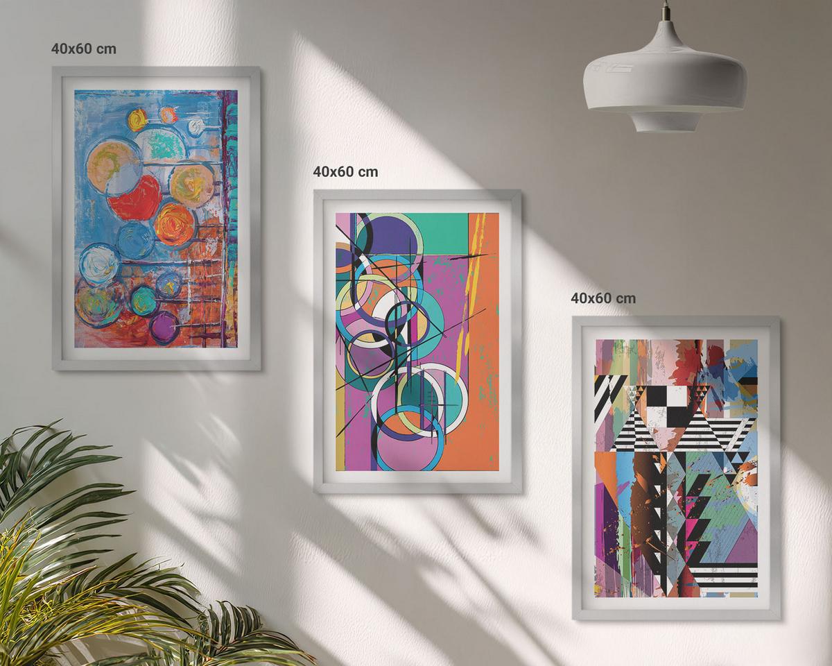 BILDER SET 3er Set - 40x60 cm Silberner Rahmen - Bunte abstrakte Kreise Geometrie - Silberfarben, Kunststoff (40/60cm) - TULUP