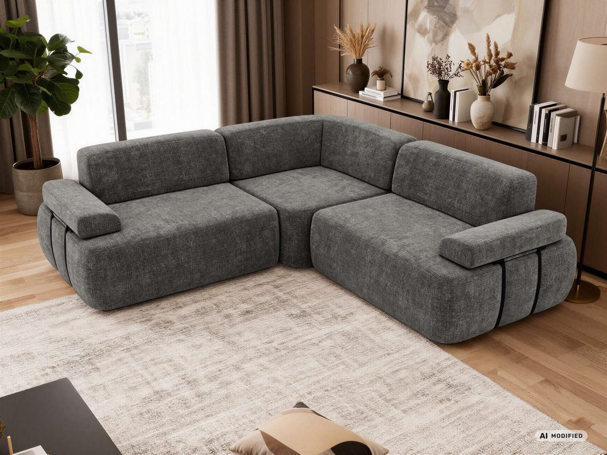 ECKSOFA MIREO L - Dunkelgrau Schenille grob gewebt - Dunkelgrau/Schwarz, Kunststoff/Textil (257/257cm) - MKS
