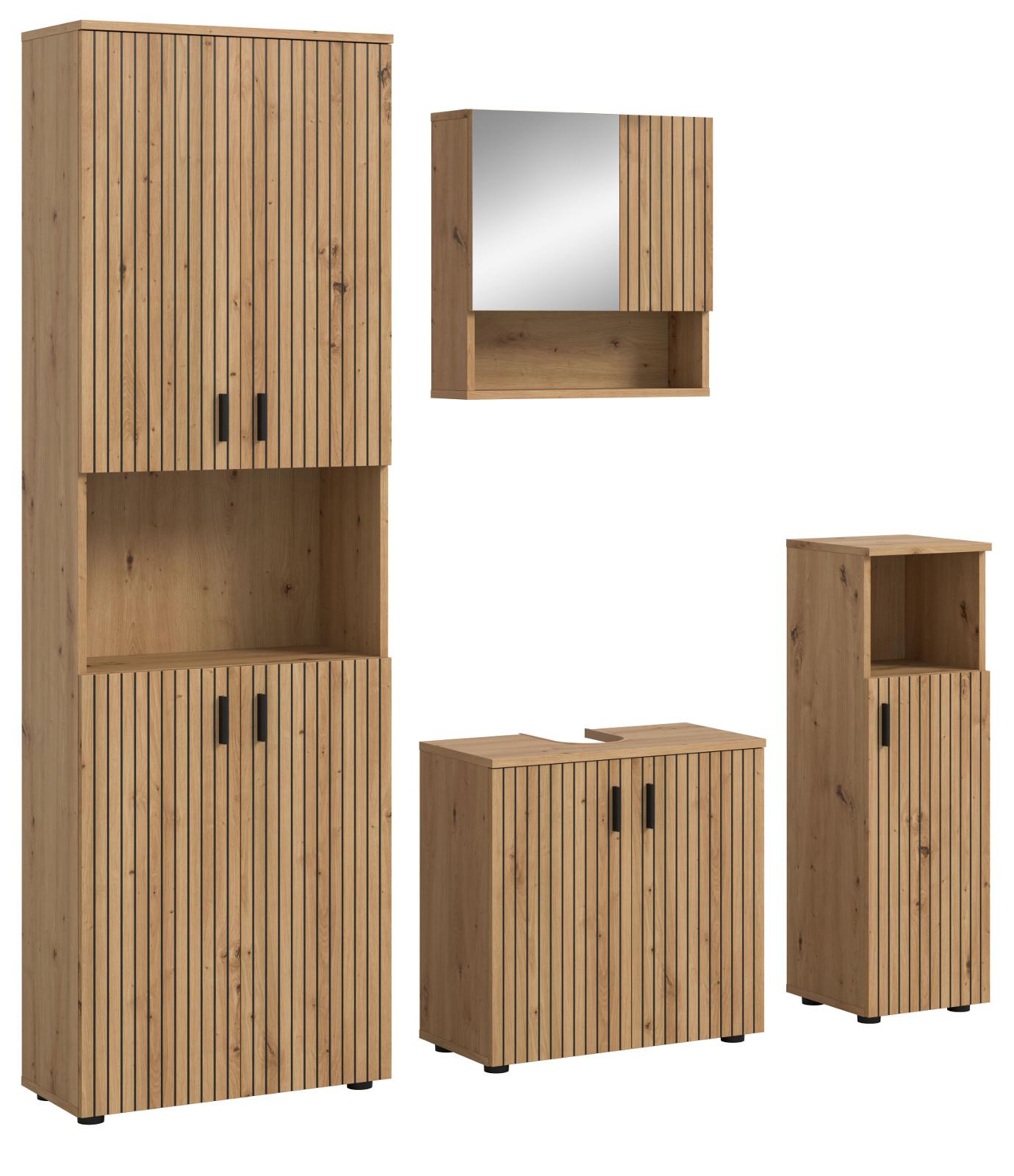 BADMÖBEL-SET Eiche Artisan 4-teilig 180 cm, Badkombination mit viel Stauraum - Schwarz/Eiche Artisan, Glas/Holzwerkstoff (180/192/30cm) - Inn.Furn