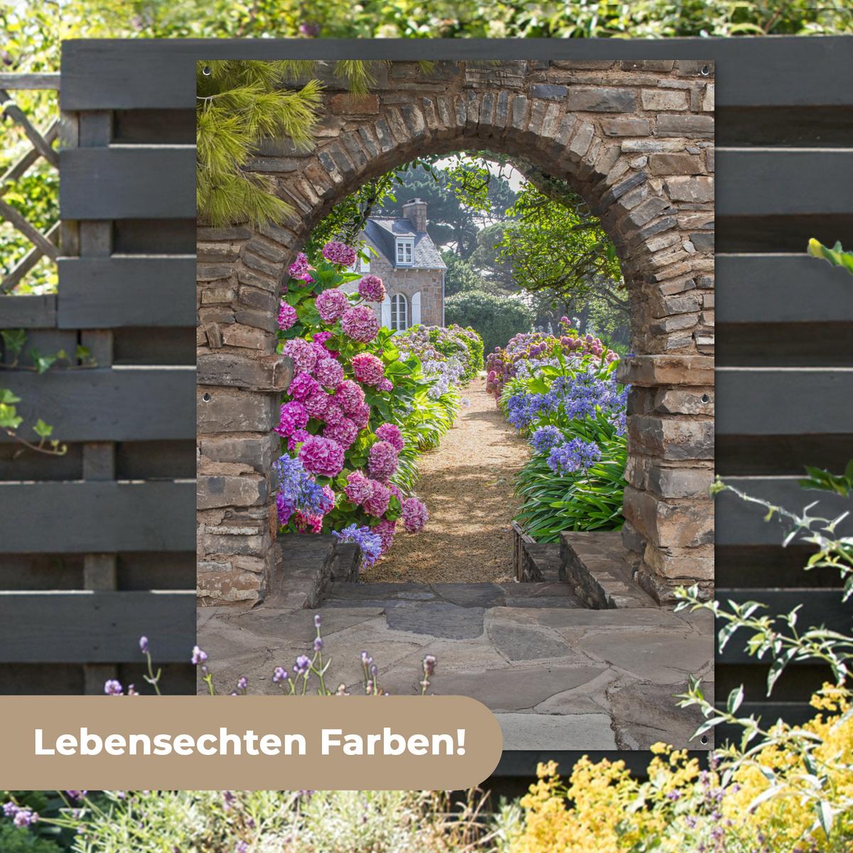 GARTENPOSTER Blumen - Guck-guck - Hortensie - Sommer Gartendekoration 120x160 cm - Braun, Kunststoff (120/160/0.2cm) - OnlyWow