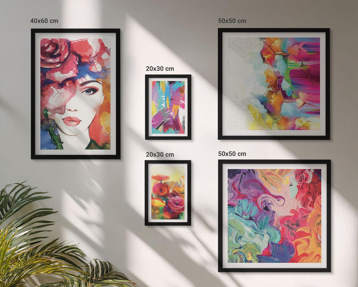 BILDER SET 5er Set - 50x50 cm & 20x30 cm & 40x60 cm Schwarzer Rahmen - Farbenfrohe Abstraktionen der Form - Schwarz, Kunststoff (40/60cm) - TULUP