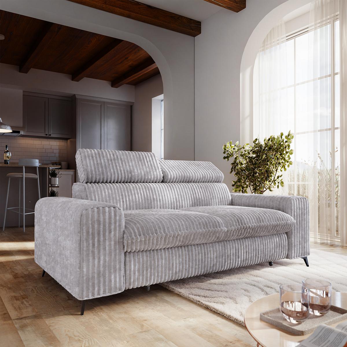 BETTSOFA BENETE Hellgrau Cordstoff mit Schlaffunktion - Hellgrau, Holz/Textil (191/89/92cm) - MASSENO