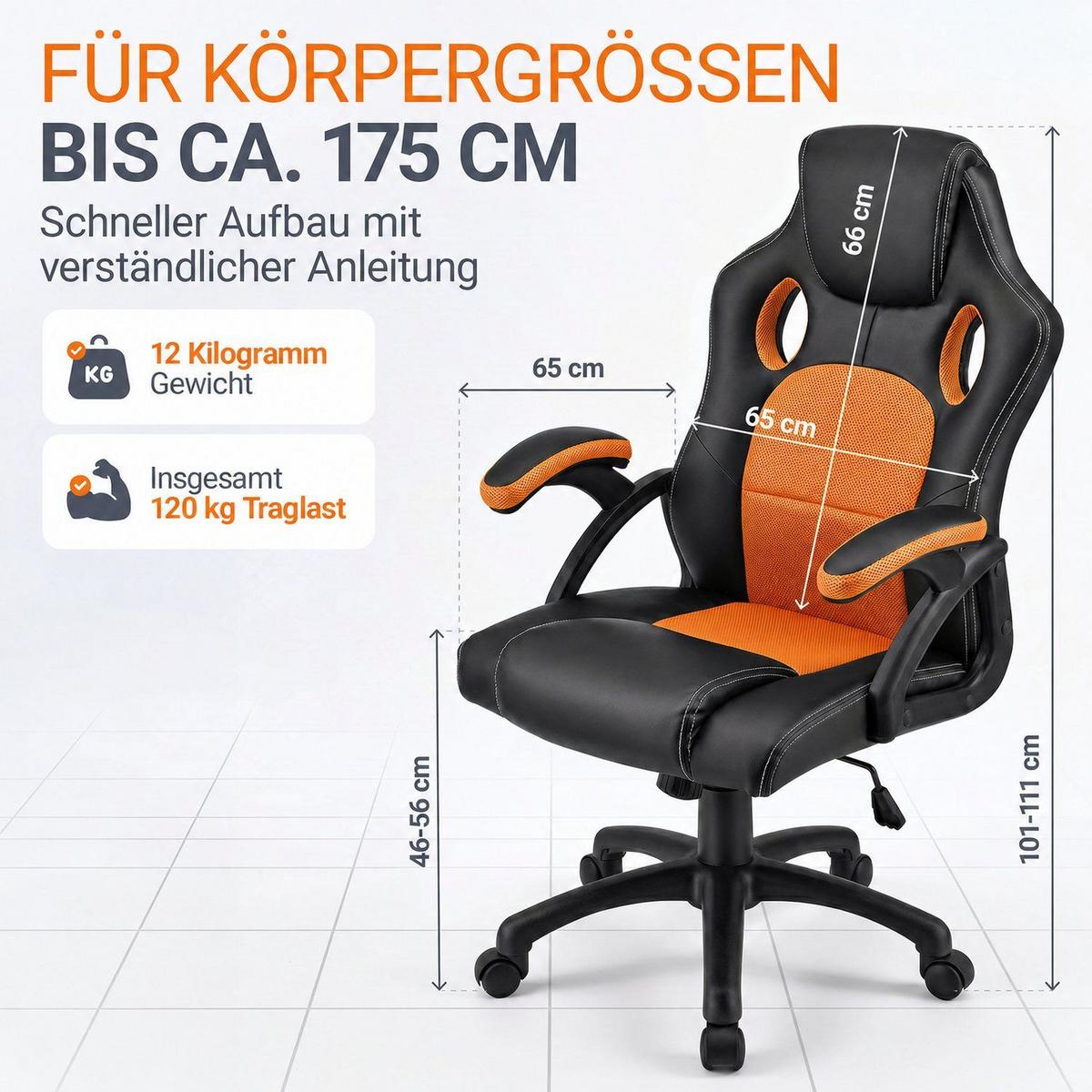 SCHREIBTISCHSTUHL Montreal orange - Orange, Textil (47/111/52cm) - Juskys