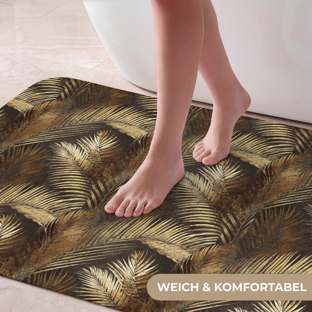 BADEMATTE Tropisch - Blätter - Gold 120x60 cm - Dunkelbraun/Goldfarben, Textil (120/60cm) - OnlyWow