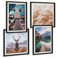 BILDER SET 4er Set - 50x50 cm & 40x60 cm Schwarzer Rahmen - Seeboote Hirsche Berge - Schwarz, Kunststoff (50/50cm) - TULUP