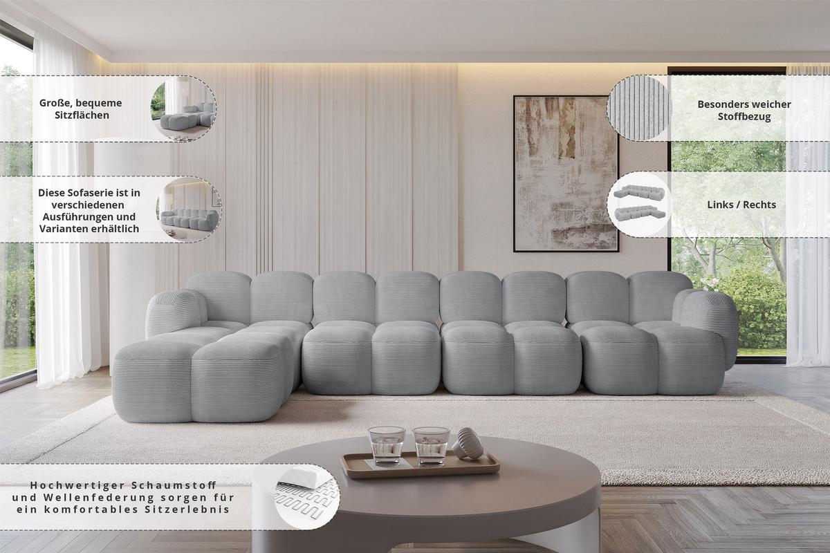ECKSOFA modulares Sofa Links Miko-L3 390x205x75 Grau Bouclé - Chromfarben/Schwarz, Holzwerkstoff/Kunststoff (390/205cm) - ALTDECOR