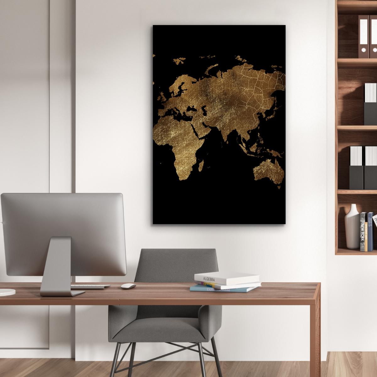METALLBILD Weltkarte - Gold - Luxus - Erde - Schwarz 80x120 cm - Goldfarben, Metall (80/120cm) - MuchoWow