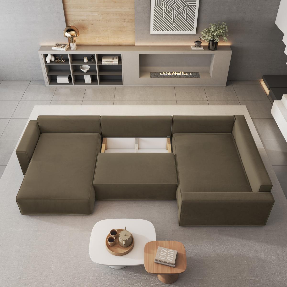 WOHNLANDSCHAFT VELAMI R-S Beige Velours-Stoff mit Schlaffunktion - Beige, Holz (365/83/194cm) - MASSENO