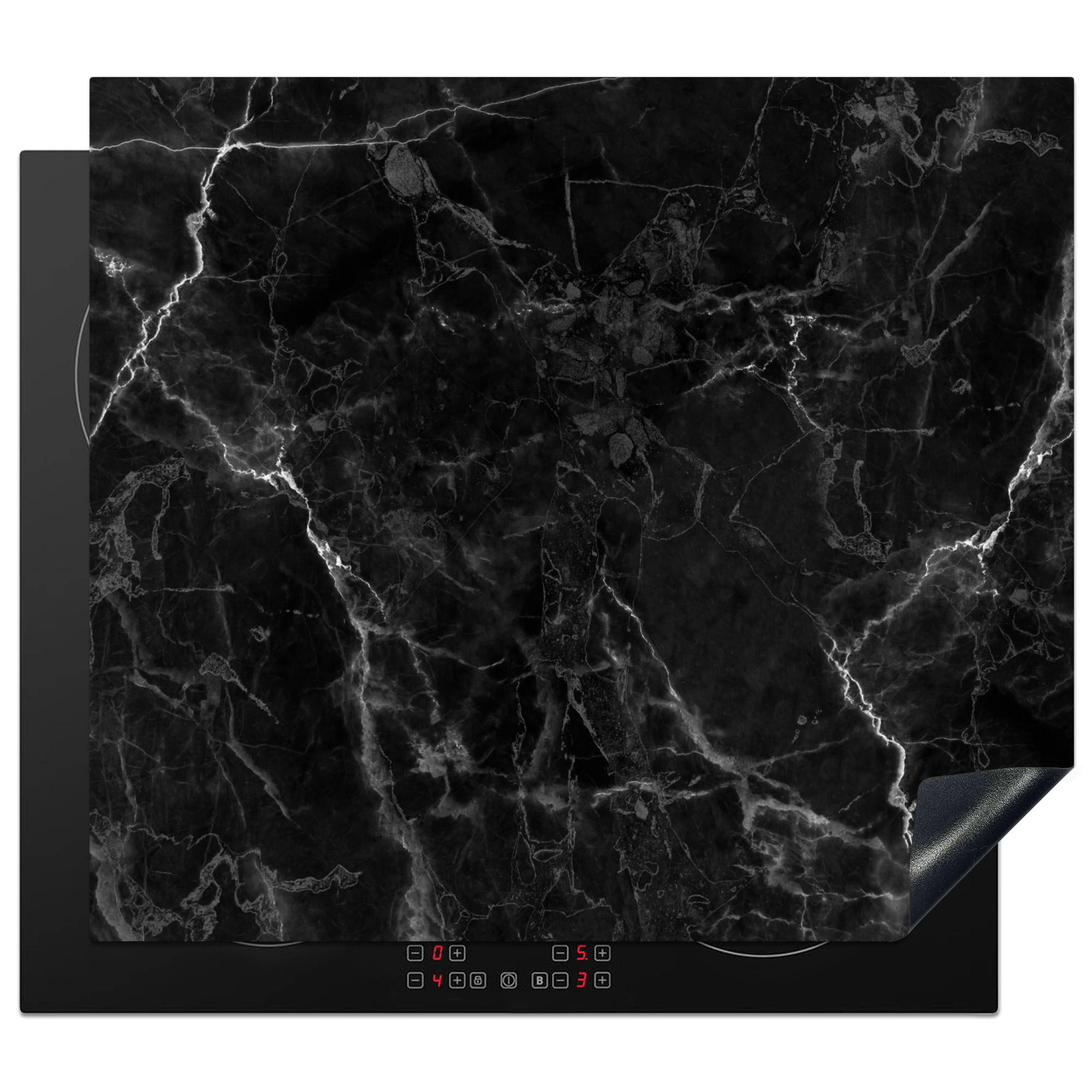 HERDABDECKPLATTE Marmor - Schwarz - Weiß - Textur - Marmoroptik Abdeckung Ceranfeld 57.6x51.6 cm - Silberfarben, Kunststoff (57.6/51.6/0.2cm) - MuchoWow
