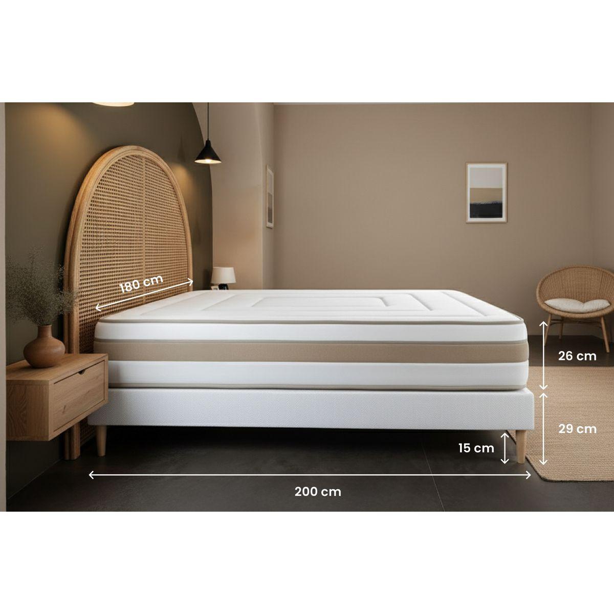 BETT Le Raffiné Taschenfederkern und Memory-Schaum 180 x 200 cm h1 - Kit Bettgestell Beige - Mit Kissen und Bettdecke - Beige, Karton/Holz (180/200cm) - Marmottes & Co