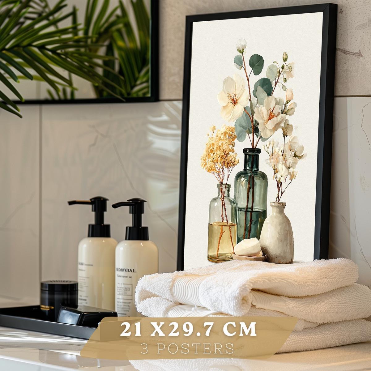 POSTER 3er-Set dekorative Badezimmerdrucke, natürlicher Spa-Stil, minimalistische Bilder mit Blumen Zen-Poster, Wohndekoration Schwarzer Rahmen A4 - Schwarz, Papier (29.7/21/3cm) - Nacnic