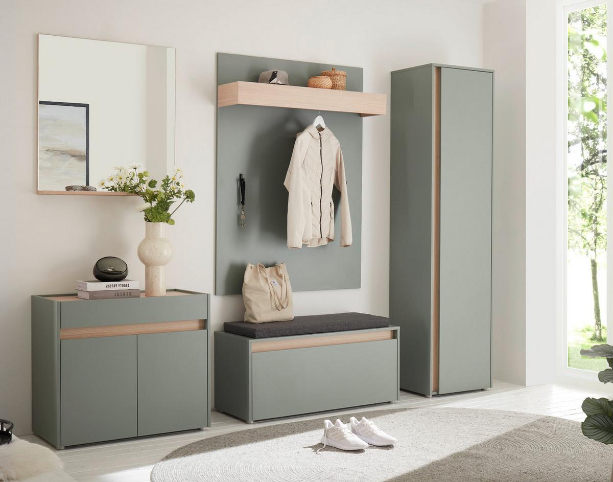 GARDEROBE Komplett-Set 6-teilig in Salbei und Eiche, Flurgarderobe mit viel Stauraum, inkl. Sitzkissen - Salbeigrün/Eichefarben, Glas/Holz (260/200/40cm) - Furn.Design