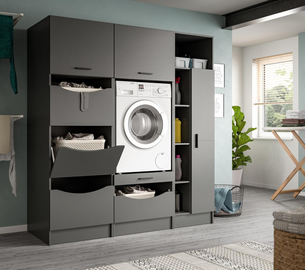 WASCHMASCHINENSCHRANK in grau Set 3-teilig 176 x 196 cm, modernes Design - Schwarz/Grau, Holzwerkstoff/Kunststoff (176/196/68cm) - Inn.Furn