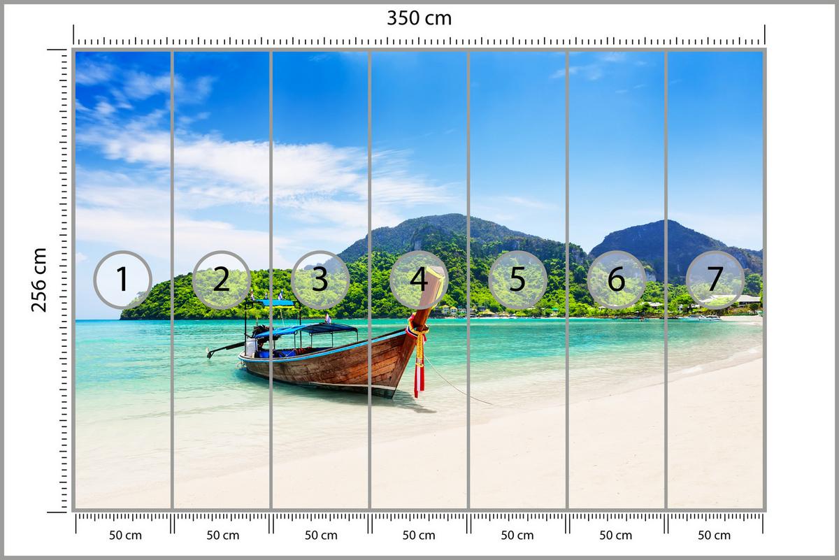 FOTOTAPETE für Schlafzimmer Boot Tropenstrand Palmen Meer 350x256 - Türkis/Blau, Papier (350/256cm) - Muralo
