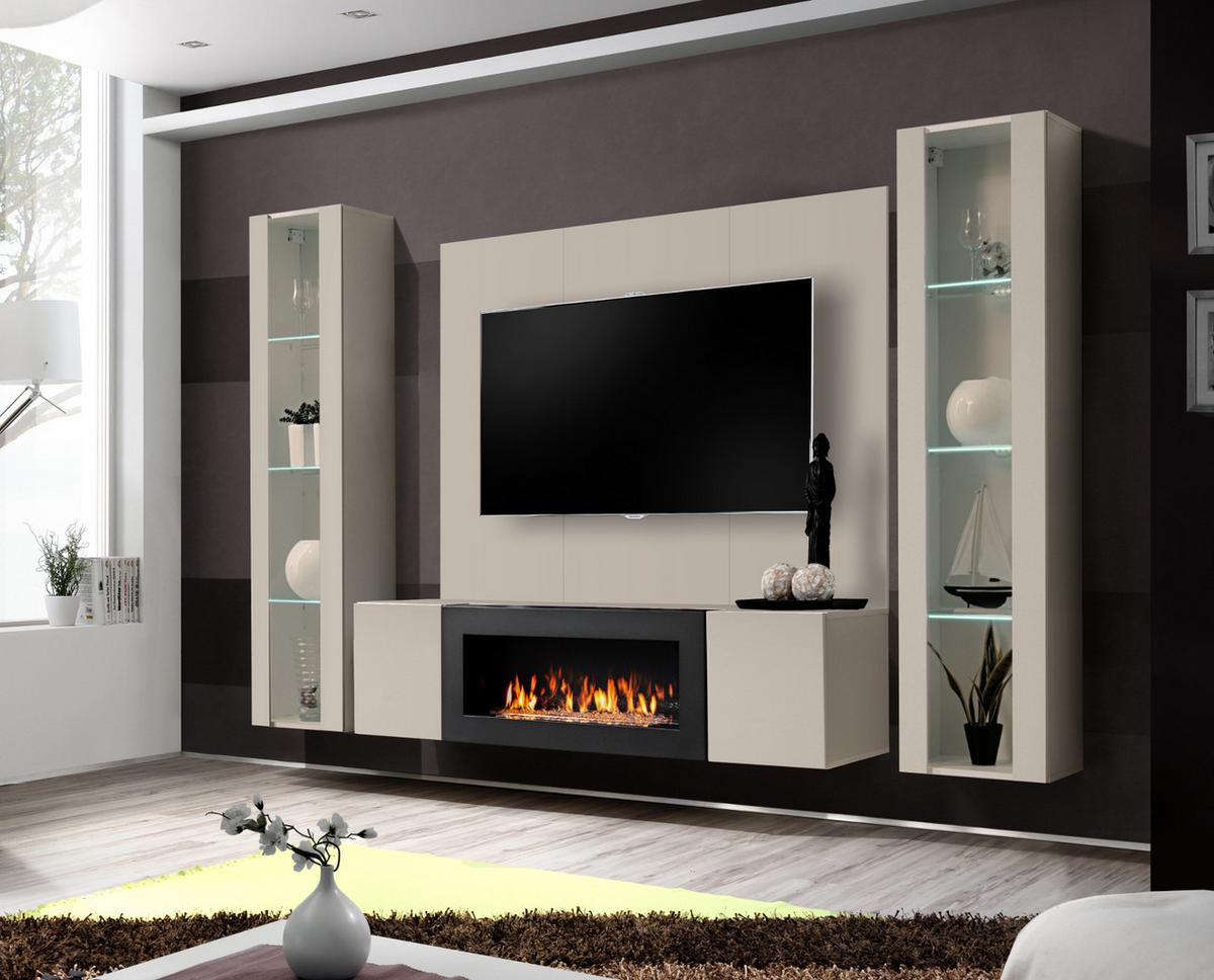 WOHNWAND Kaschmir 4-teilig 260 cm hängend, Schrankwand mit LED-Beleuchtung und Ethanol Kamin - Kaschmir, Glas/Holzwerkstoff (260/170/40cm) - Inn.Furn