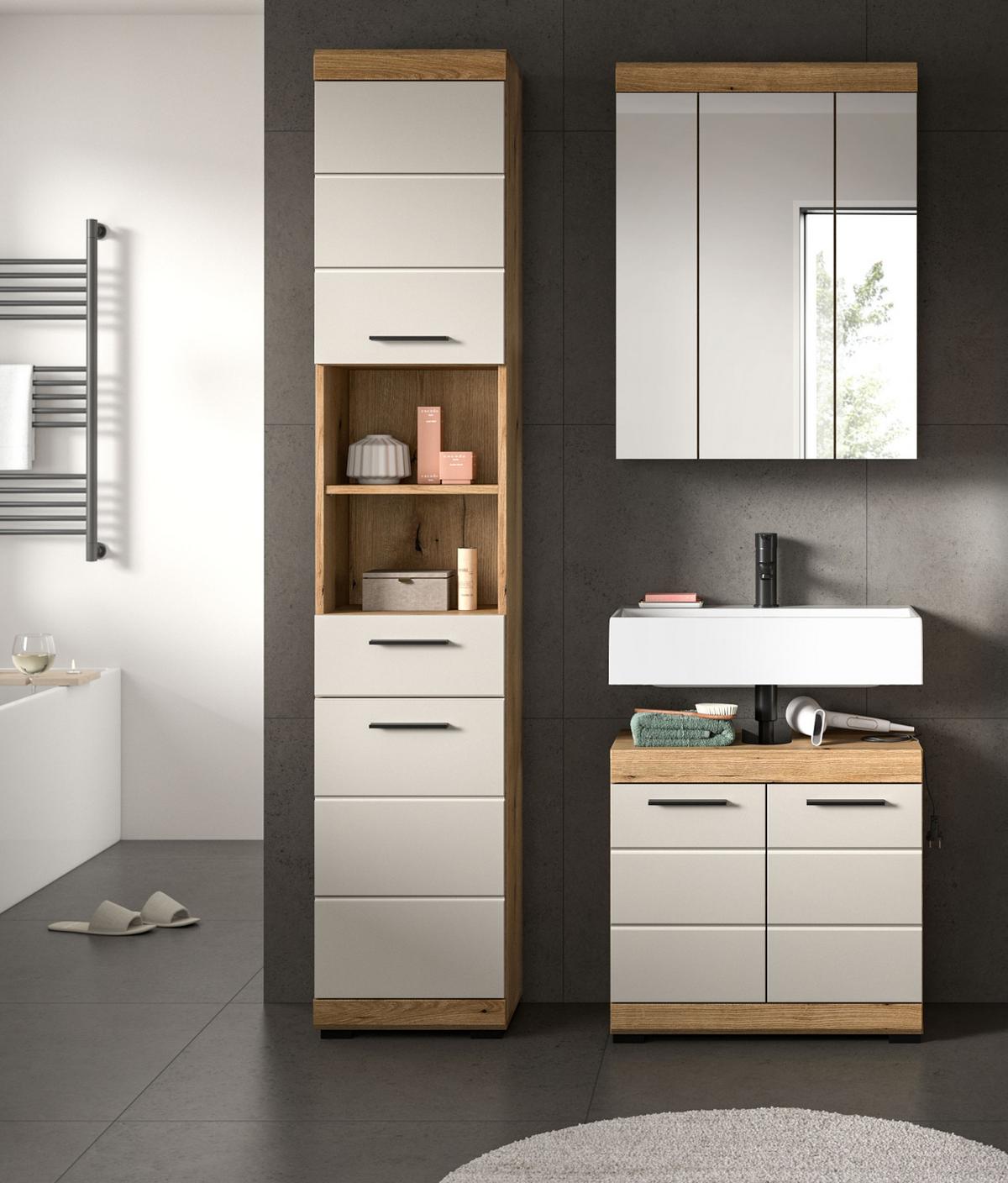 HOCHSCHRANK Sand Kaschmir, Evoke Eiche, Badschrank, 6 Fächer, 37 cm - Kaschmir/Eichefarben, Holzwerkstoff/Kunststoff (37/191/31cm) - Inn.Furn