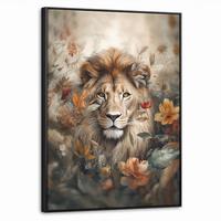 LEINWAND Bilder mit Rahmen - Löwe - Wildtiere - Pflanzen - Natur - Blumen - 70x100 - Beige, Textil (70/100cm) - MuchoWow