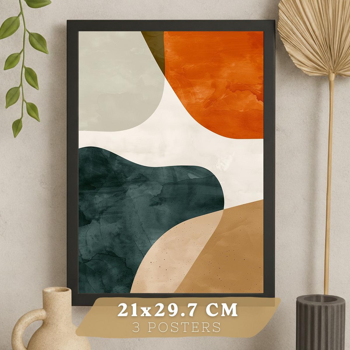 POSTER Set of 3 Abstract Shape Wall Art Prints Modern Brown Green Orange Decor for Living Room Bedroom Kitchen Bathroom Schwarzer Rahmen A3 - Schwarz, Papier (29.7/1/42cm) - Nacnic