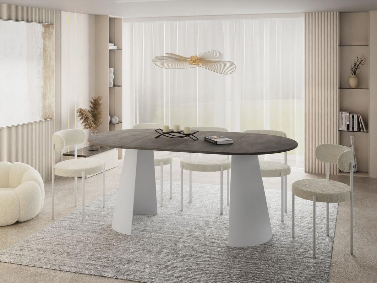 ESSTISCH Lamio runder ausziehbarer, Beton-Optik Dunkelgrau 100-180/100/76 cm - Dunkelgrau/Weiß, Holzwerkstoff/Metall (100/176/76cm) - WFL GROUP