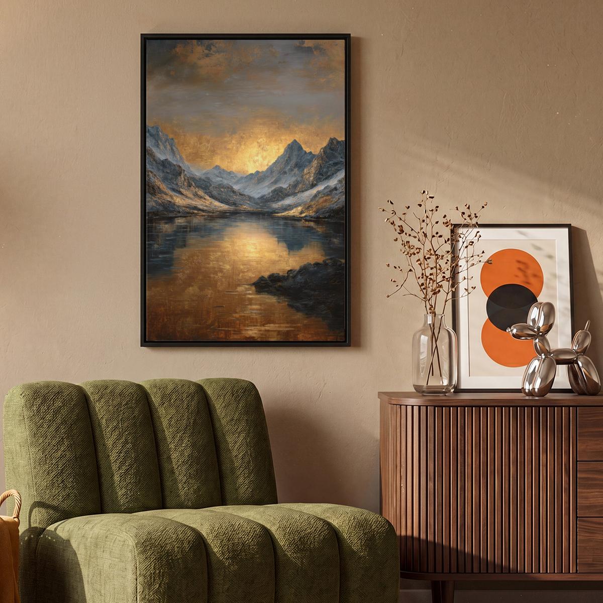 LEINWAND Bilder mit Rahmen - Bergkulisse mit goldenem Sonnenuntergang - 60x90 - Goldfarben, Textil (60/90cm) - MuchoWow