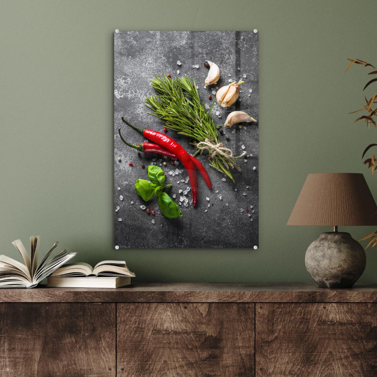 ACRYLGLASBILD Pfeffer - Kräuter - Gewürze - Beton Wanddeko Wohnzimmer 40x60 cm - Dunkelgrau, Glas (40/60cm) - MuchoWow
