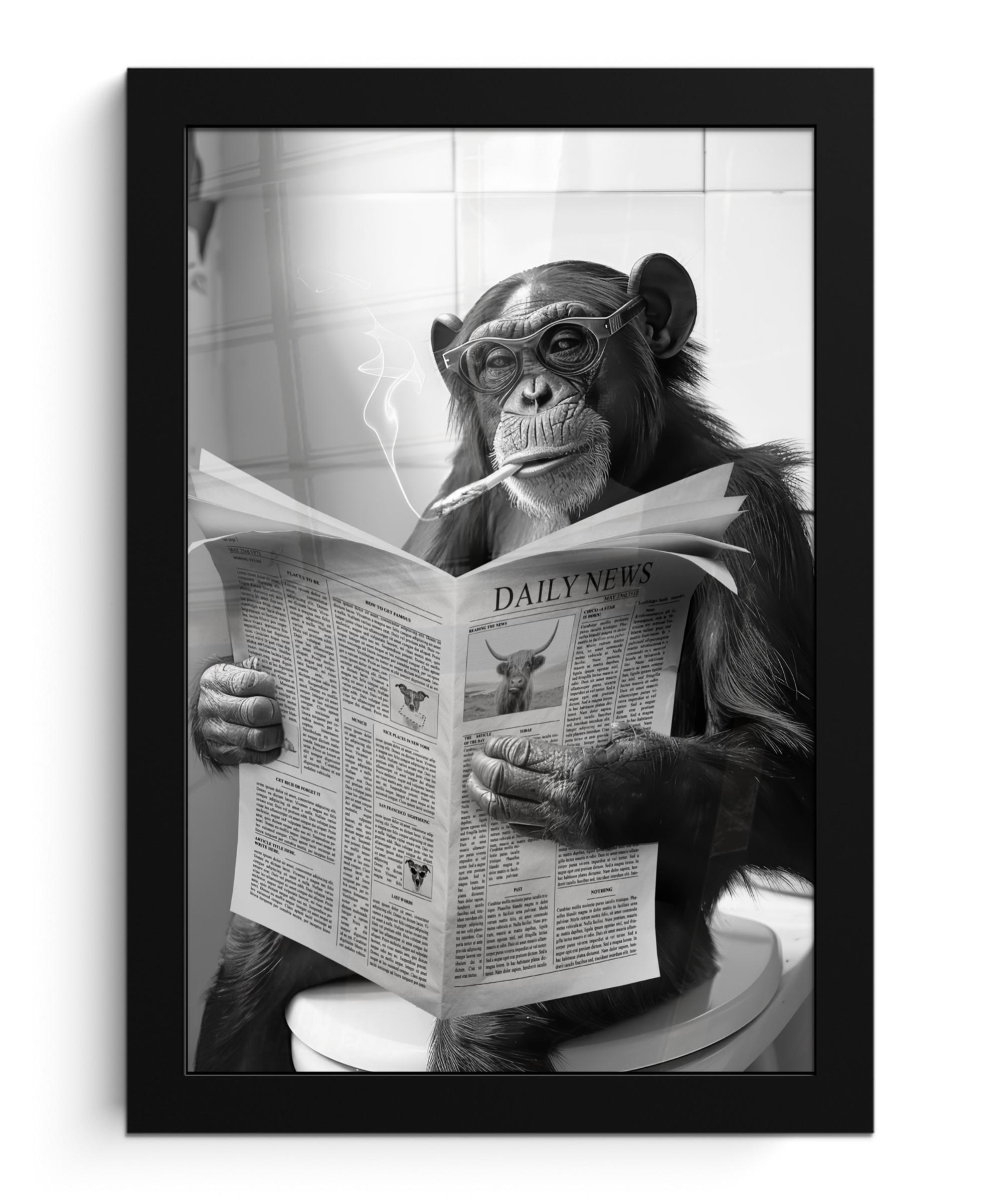 POSTER MIT RAHMEN Affe - WC - Zeitung - Schwarz-Weiß - Humor Poster 20x30 cm - Hellgrau, Papier (20/30cm) - MuchoWow