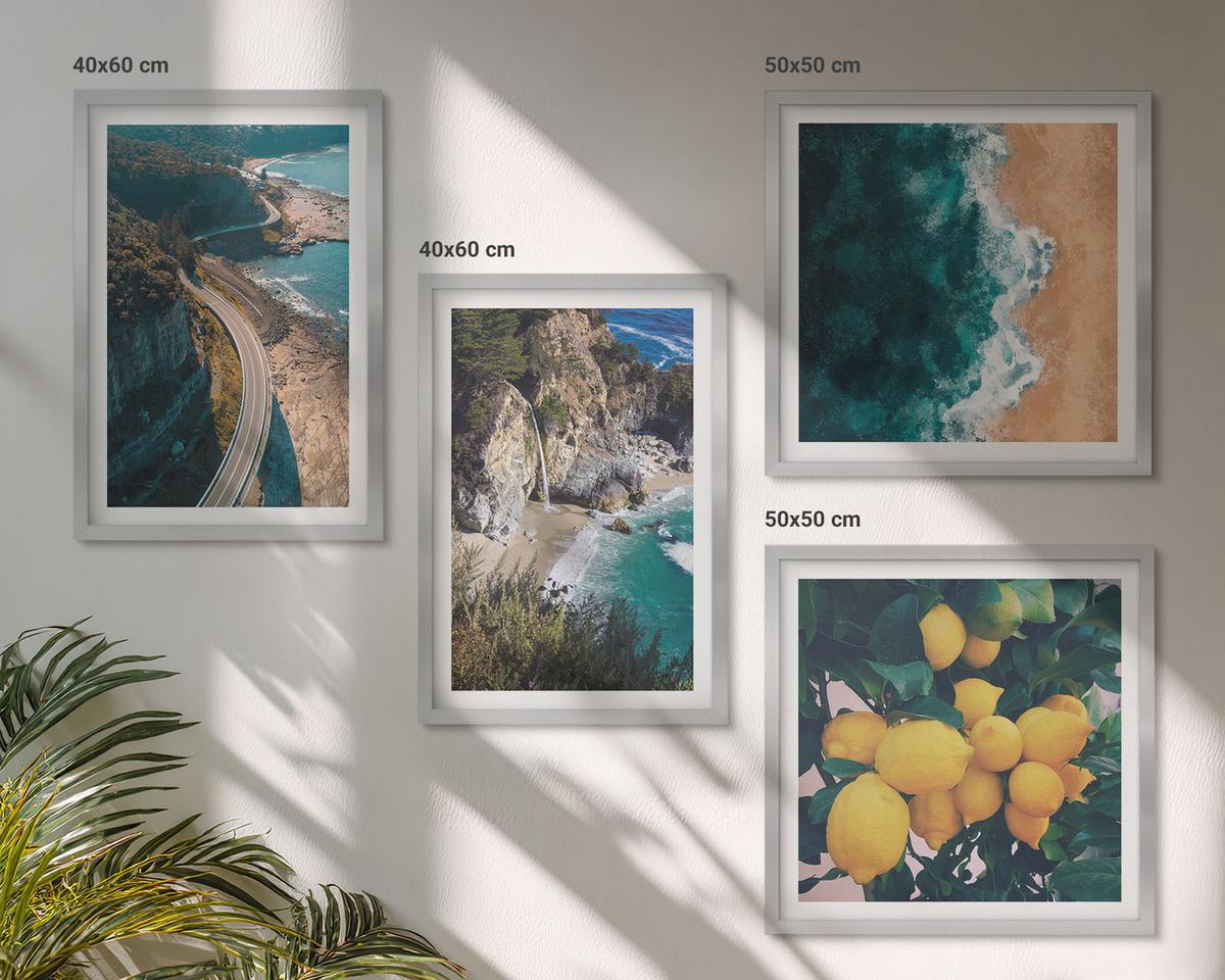 BILDER SET 4er Set - 50x50 cm & 40x60 cm Silberner Rahmen - Meerstrand Zitronen Berge - Silberfarben, Kunststoff (50/50cm) - TULUP