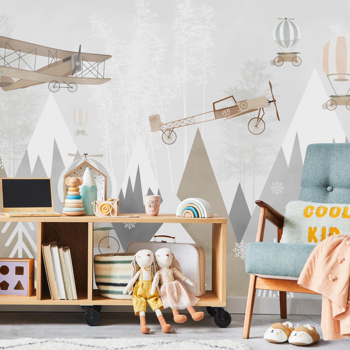 FOTOTAPETE für Kinderzimmer Flugzeuge Bergen Bäume 150x105 - Beige/Braun, Papier (150/105cm) - Muralo