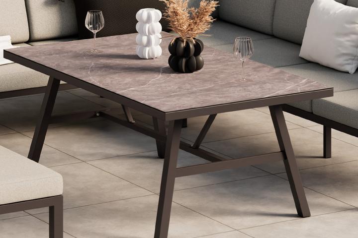 Tisch zu Loungegarnitur Gestell Dunkelgrau Aluminium pulverbeschichtet Tischplatte Hellgrau Glas ESG gehärtet