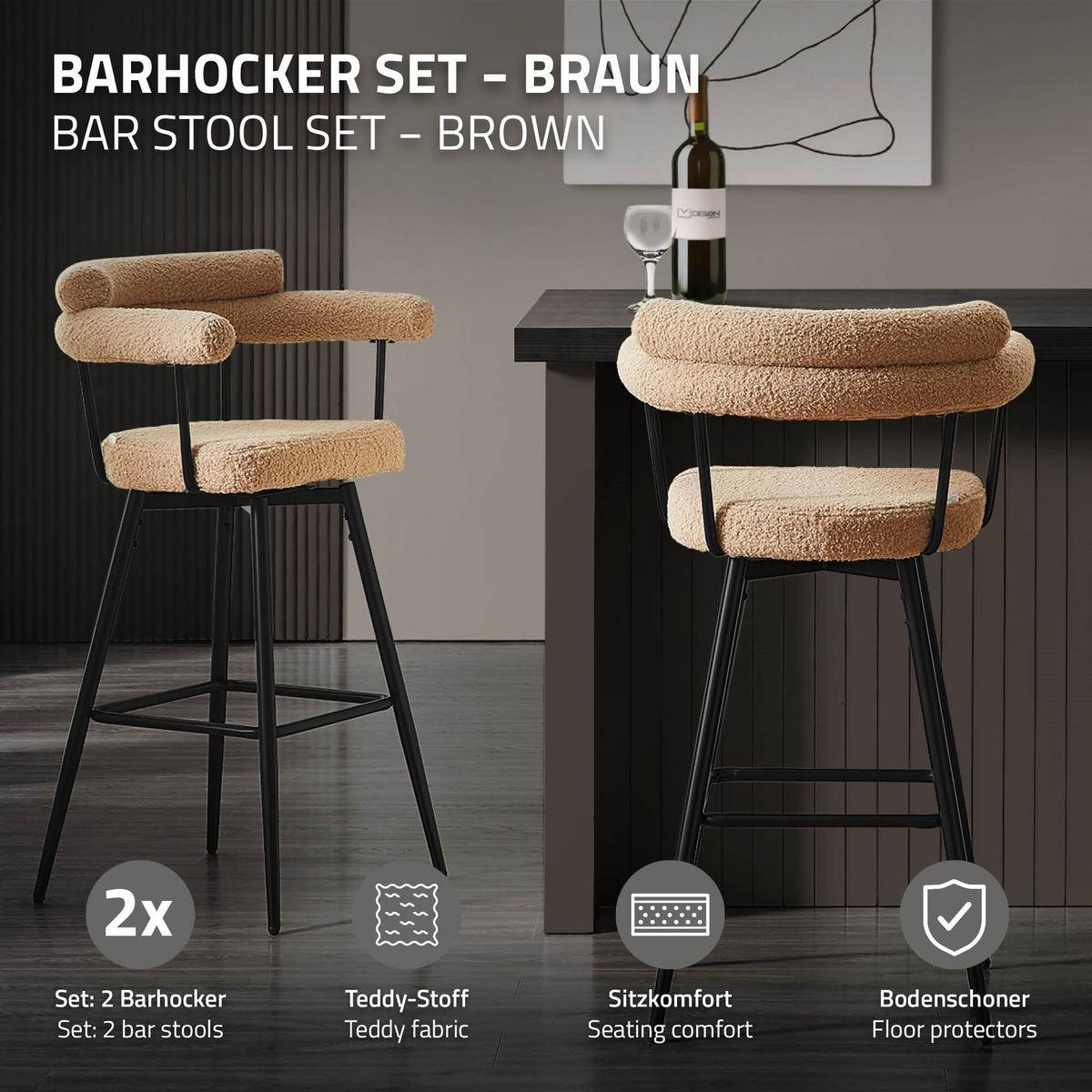 BARHOCKER 2er Set drehbar Braun mit Teddy-Stoff 76 cm hoch - Schwarz/Braun, Textil/Metall (61/103/55cm) - ML-DESIGN