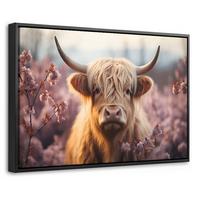 LEINWAND Bilder mit Rahmen - Schottischer Hochländer - Frühling - Hochland - 30x20 - Hellrosa, Textil (30/20cm) - MuchoWow