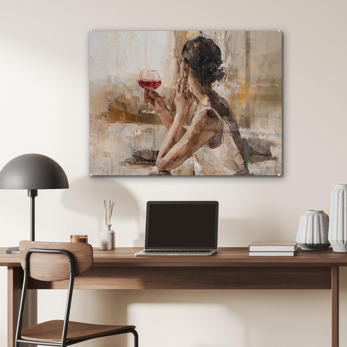 ACRYLGLASBILD Ölgemälde - Frau - Wein 80x60 cm - Hellbraun, Glas (80/60cm) - MuchoWow