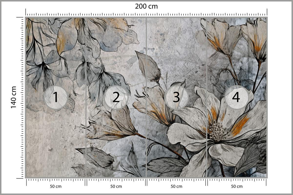 FOTOTAPETE für Büro Blumen Blätter Betongrund Vintage Pflanzen 200x140 - Grau, Papier (200/140cm) - Muralo
