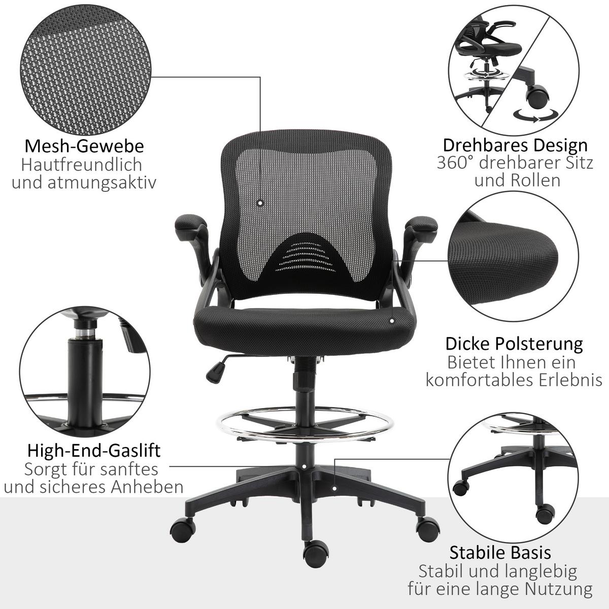 MESH Zeichenstuhl Ergonomischer Bürostuhl mit Rollen drehbar Schwarz - Schwarz, Textil (60/126/64cm) - Vinsetto