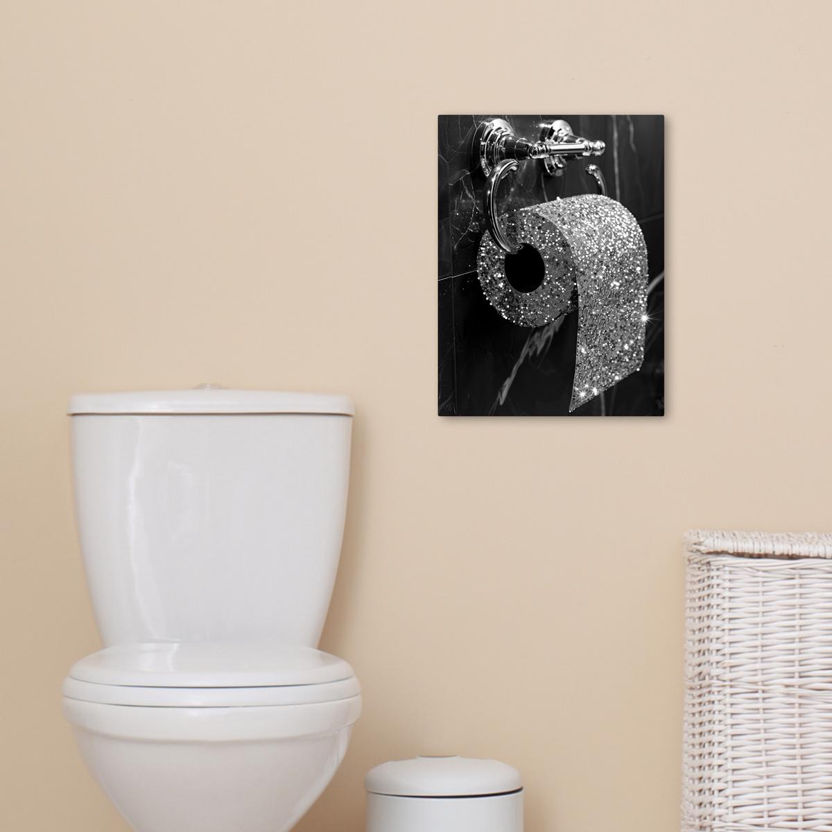 LEINWANDBILD WC - Toilettenpapier - Schwarz und weiß - Glitter Room Decor 30x40 cm - Silberfarben, Textil (30/40cm) - MuchoWow