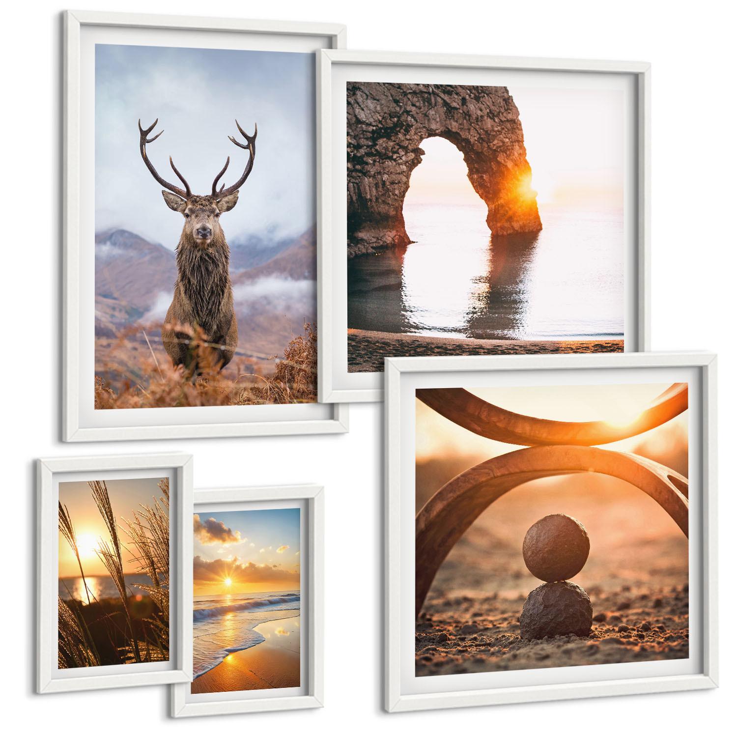 BILDER SET 5er Set - 50x50 cm & 20x30 cm & 40x60 cm Weißer Rahmen - Blätter des Weißen Tigerwasserfalls - Weiß, Kunststoff (40/60cm) - TULUP