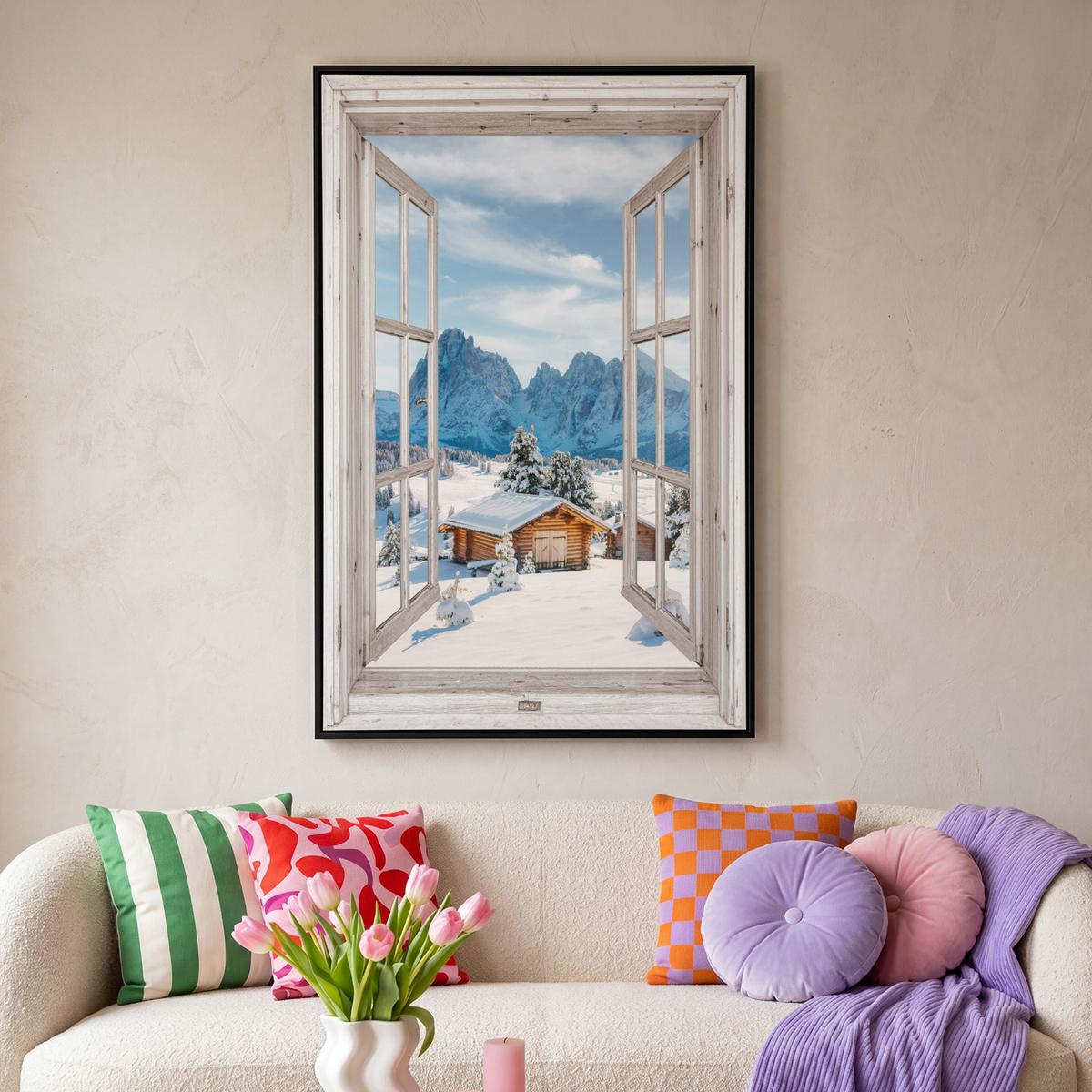 LEINWAND Bilder mit Rahmen - Winterlandschaft - Hütte - Berge - Ausblicke - Aussicht - Natur - 100x150 - Weiß Hochglanz, Textil (100/150cm) - MuchoWow