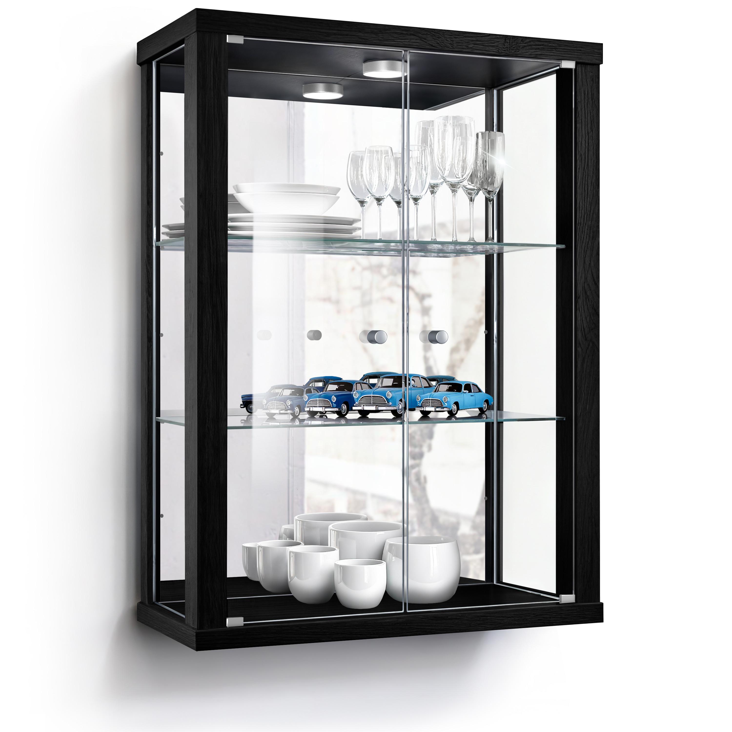 HÄNGEVITRINE 25/60/80 cm mit Spiegel, LED & 2 höhenverstellbaren Glasböden - Transparent/Silberfarben, Glas/Holzwerkstoff (60/80/25cm) - K-Möbel